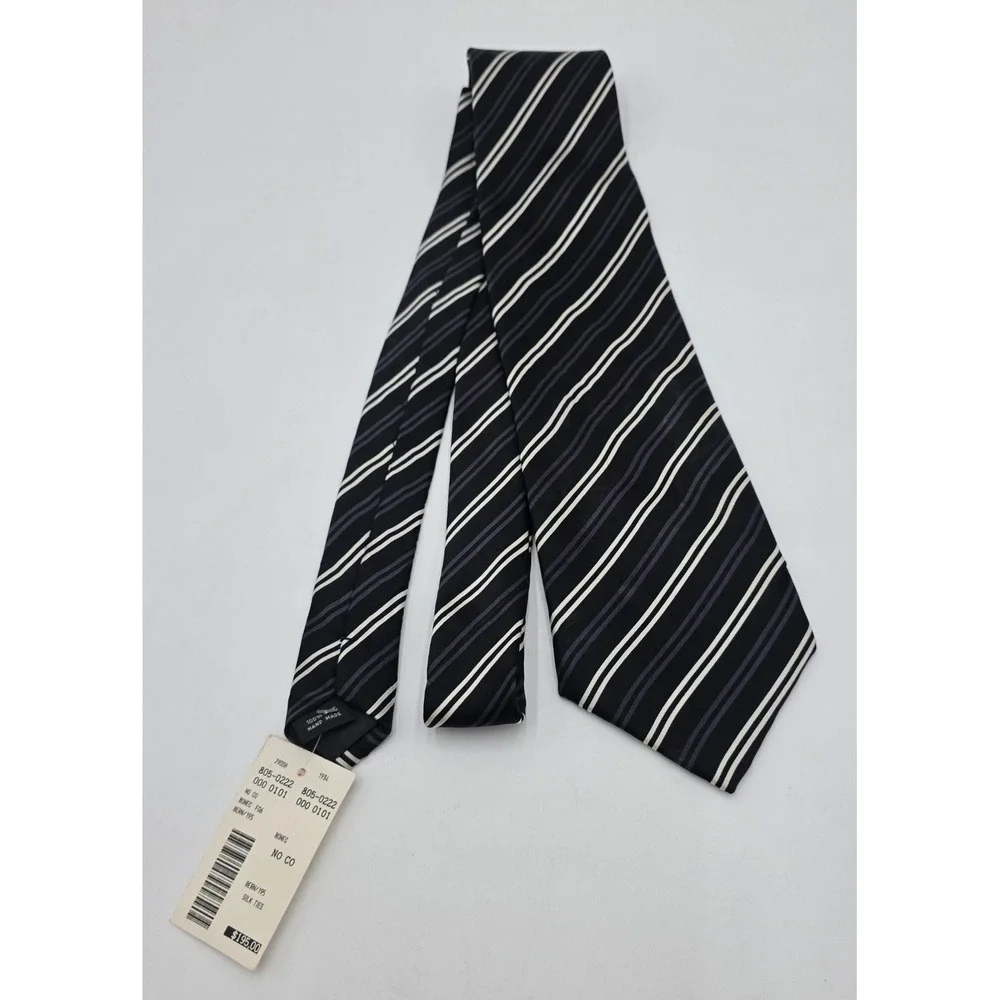 Bernini Platinum Silk Necktie Black White Grey Diagonal Stripe Hand Made NWT